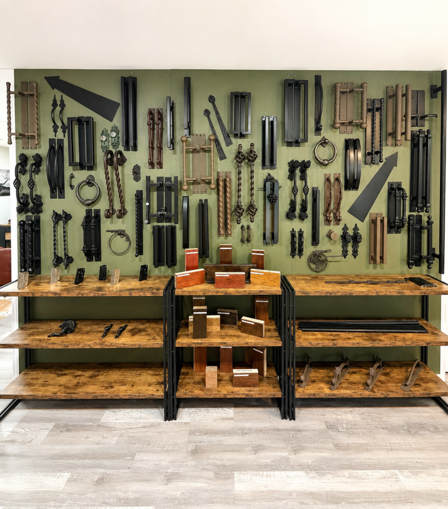 Wall display of decorative door handles, pulls, knockers, and hardware finishes