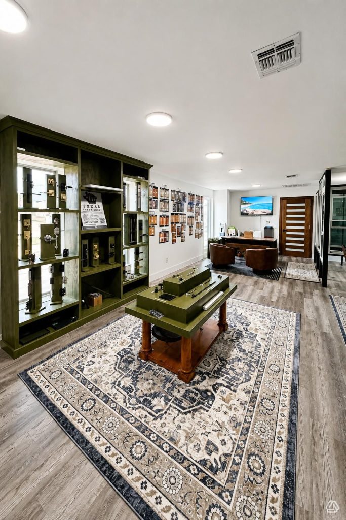 Texas Doors and Windows showroom interior featuring door hardware displays and a customer consultation area
