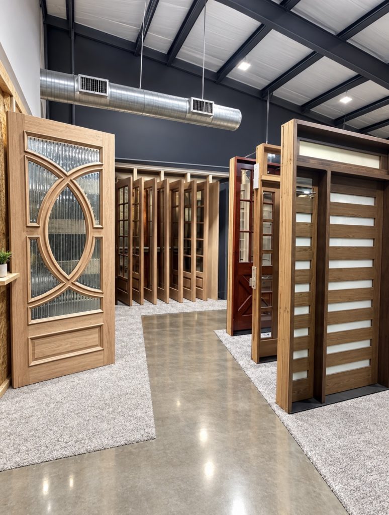 Interior door showroom featuring wood, glass, and modern entry door styles