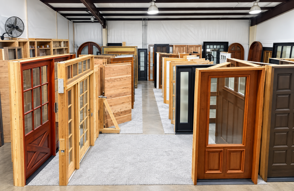 Wide selection of wood and glass entry doors displayed at Texas Doors & Windows